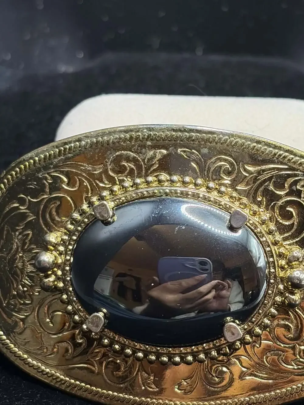 Vintage Gold Tone Floral  Western Oval Belt Buckle with Black Stone Made in USA